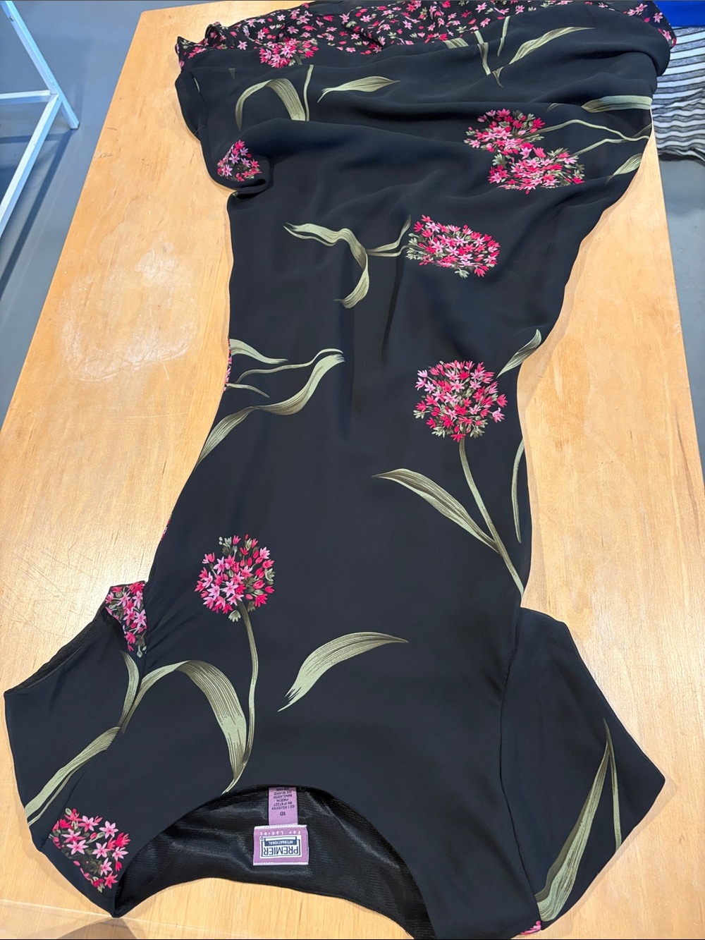 Premier International ~ Long Black Midi Dress with Pink Floral Print